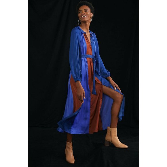 Anthropologie Dresses & Skirts - NWT Anthropologie Colorblocked Midi Dress S Blue $170 Button Front Satin